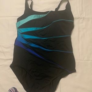 One piece black swimsuit with blue accents, worn once